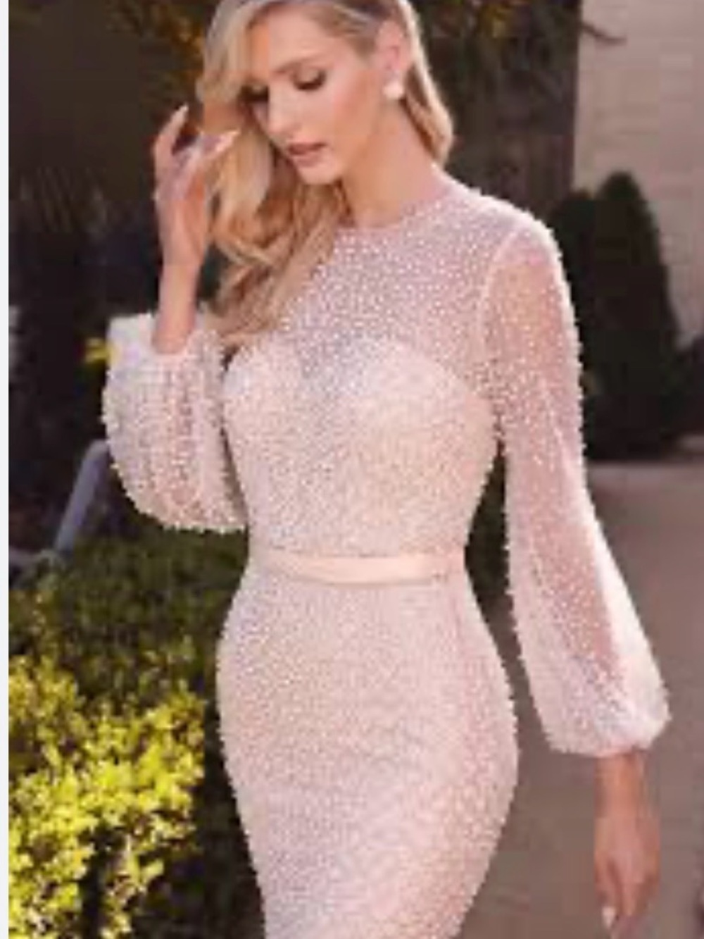 Pearl-Embellished Blush Long-Sleeve Sheath Dress by